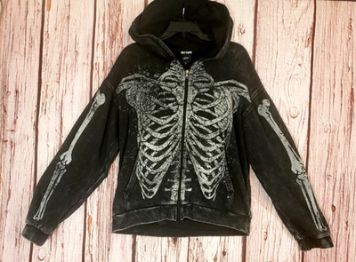 Hot Topic Pequeña Sudadera con Capucha Esqueleto Negra Para Hombres Cremallera Completa Mezcla de Algodón Rib Jaula Foto 1 de 4