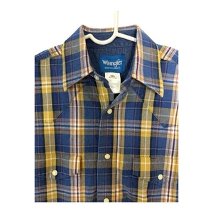 Wrangler Western Denim Plaid Blue Yellow Pearl Snap Cowboy Pockets Men’s Medium - Picture 1 of 12