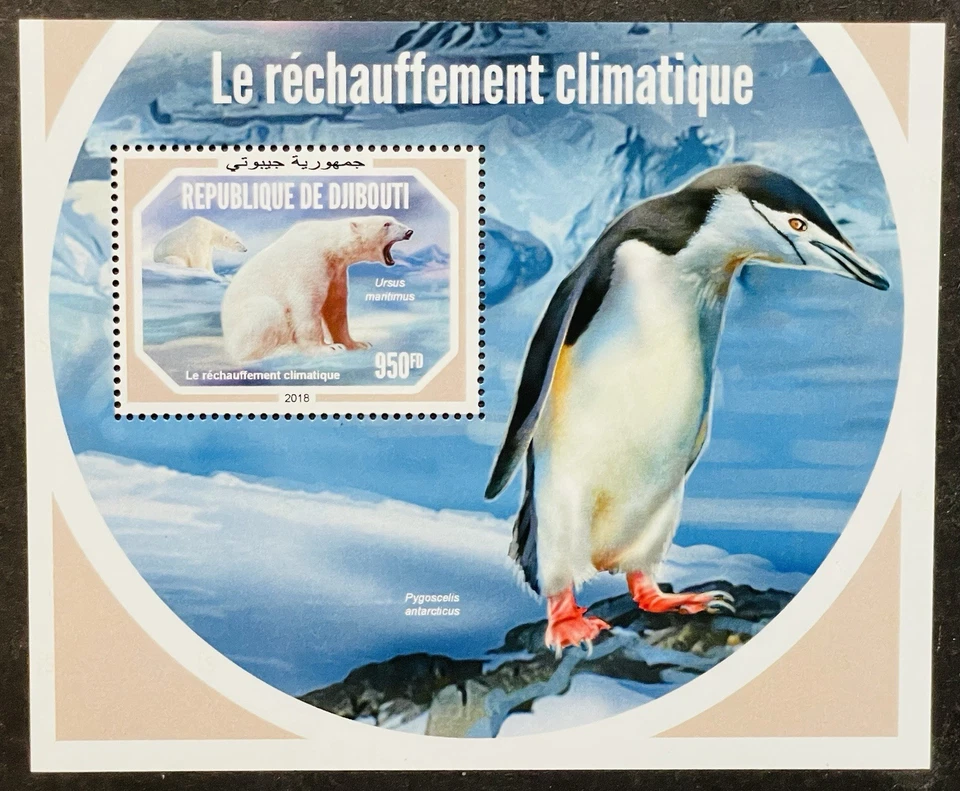 SELLOS DEL CALENTAMIENTO GLOBAL DE DJIBOUTI SS MNH 2018 ANIMALES SALVAJES PÁJARO PINGÜINO OSO POLAR Foto 1 de 1
