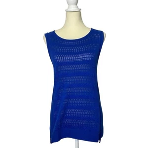 Ann Taylor 100% Cotton Blue Open Knit Sleeveless Tunic Sweater Womens Size Small - Picture 1 of 12
