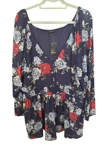 Women's Torrid Stretch V Neck Smocked Waist Babydoll Top 5X Navy Blue Floral NWT - Picture 1 of 10