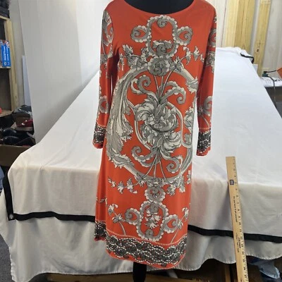 Vestido Haani para mujer manga 3/4 naranja blanco negro, 35" de largo, talla mediana elástico Foto 1 de 4