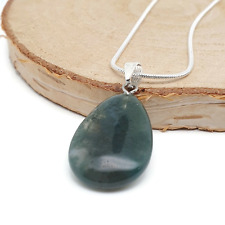 Green Moss Agate Teardrop Necklace Natural Gemstone Pendant Silver Plated Chain