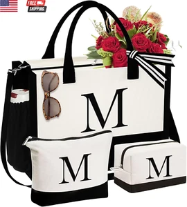 Initial Canvas Tote Bag & Makeup Bag, Personalized Birthday Gifts for Women Mom - Picture 1 of 7