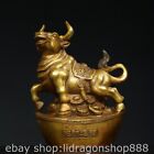 7.6" Old Chinese Copper Gilt Fengshui 12 Zodiac Coin Animal Cattle Wealth Statue