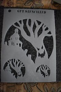 A4 STENCIL APPROX HALLOWEEN GHOST TREE & HAUNTED HOUSE FOR PUMPKIN WINDOWS WALLS
