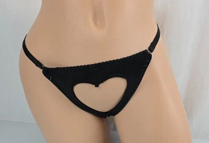 Glossy Smooth Second Skin Satin Black Heart Cut Out String Thong Panties L NEW - Picture 1 of 6
