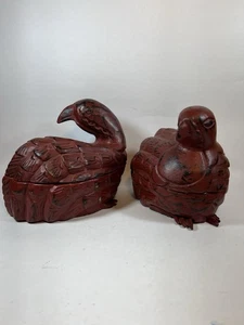 Vintage zwei chinesische geschnitzte Zinnober Wachtel Taube Vogel Figur Skulptur Schachteln - Bild 1 von 19
