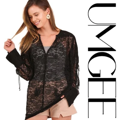 S/M UMGEE NEGRO todo ENCAJE Borla Corbata Ala de Murciélago/Mangas Dolman Top/Camisa/Blusa BHCS Foto 1 de 4