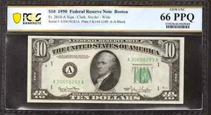 1950 $10 FEDERAL RESERVE NOTE FR.2010-A BOSTON A-A BLOCK PCGS UNC 66 PPQ (283A) - Picture 1 of 2