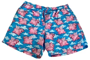Pacifica Apparel Pigs May Fly Flying Blue Pink Hawaiian Shorts 2XL Party Aloha - Picture 1 of 12