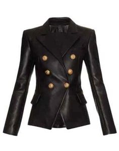 NEW WOMENS BLACK DOUBLE BREASTED SLIM FIT MOTORCYCLE STYLE BLAZER LEATHER COAT - Picture 1 of 4