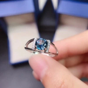 Handcrafted 925 Silver Ring with Round Blue Topaz Statement ring for Girlfriends - Picture 1 of 8