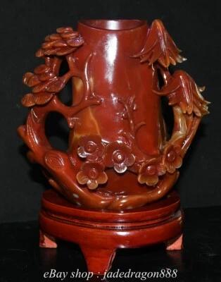 Jarrón lápiz maceta cepillo de bambú árbol tallado ágata roja con marca china de 8,4" Foto 1 de 4