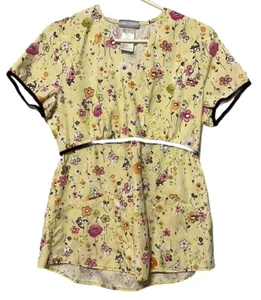 SB Scrub Top Women Small Yellow Flowers Pullover Elastic Waist V Neck - Picture 1 of 12