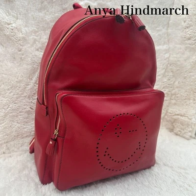 Mochila Anya Hindmarch Smiley Cuero Perforado Rojo De Japón 133005K Auténtica Foto 1 de 4