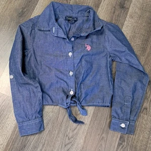 Girl’s U.S. Polo Assn. Blue Denim Button Down Shirt With Tie Size 5 Pink Pony - Picture 1 of 7