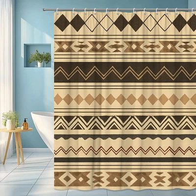 Занавеска для душа с племенным узором — дизайн богемного фермерского дома коричневая и кремовая - Изображение 1 из 4