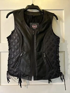 First Manufacturing Leather Fringe Vest Size Small Black With Purple Trim - Picture 1 of 10