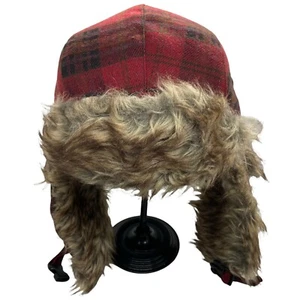 Trapper Hat Black Plaid Flannel Vintage Men's Red Fitted Winter With Ear Flap - Picture 1 of 11