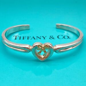 Tiffany & Co. Heart Bow Ribbon Cuff Bangle Bracelet Gold Silver 6 1/4" 19.9g