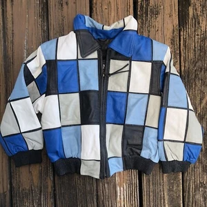 Shebang USA Kids Leather Jacket Blue Black Sz L 7 Patchwork White Gray Vtg 80s - Picture 1 of 9