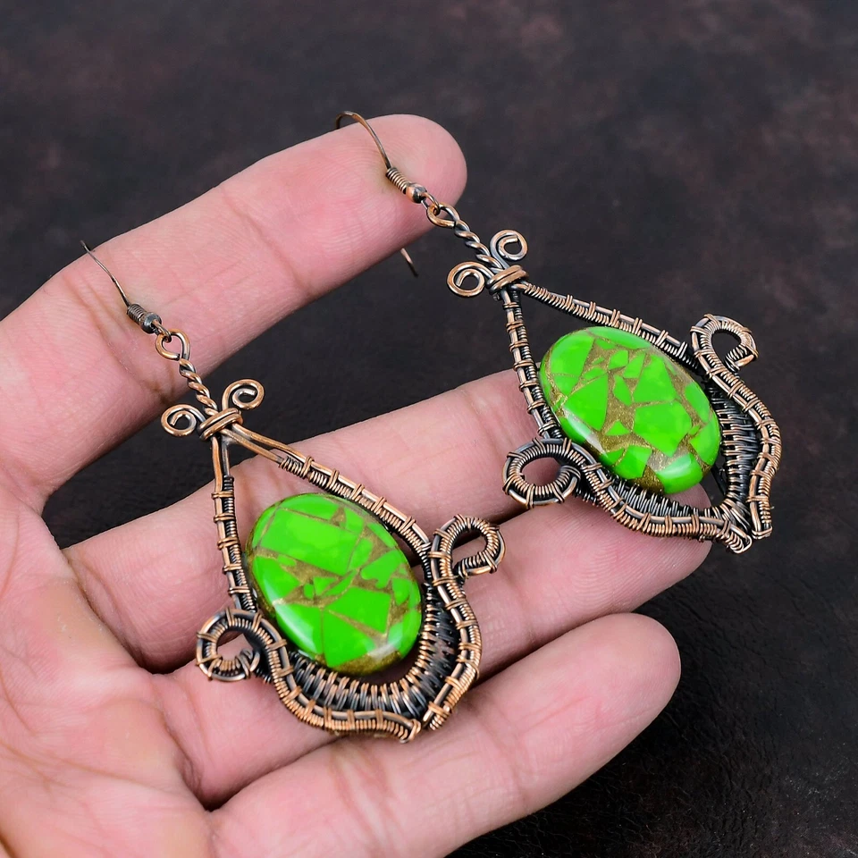 Oval Copper Green Turquoise Gemstone Copper Dangle Drop Wire Wrapped Earrings - Image 1 of 4