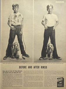 Detergente de lavandería Rinso lava ropa blanco niño y perro anuncio impreso vintage 1953 - Imagen 1 de 2