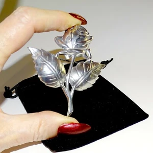 Solid Sterling Large 3" Single Rose Brooch Pin heavy 15.3 grams - Picture 1 of 6