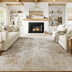 10X12 Washable Area Rug Gold Grey Neutral Abstract Living Room Bedroom Large Thr - Picture 1 of 7
