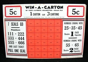 Tarjeta de exhibición de cigarrillos Win A Carton sello de 5 centavos tablero de juego stock antiguo - Imagen 1 de 1