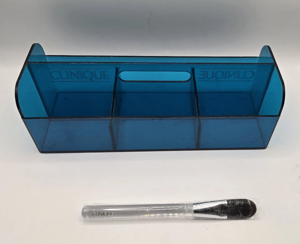 Bandeja organizadora de cosméticos de acrílico azul turquesa Clinique vintage para baño Foto 1 de 4