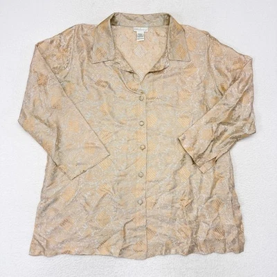 Топ мягкое окружение женский размер 2XL бежевый шелковая смесь кнопка спереди азиатский цветочный - Изображение 1 из 4