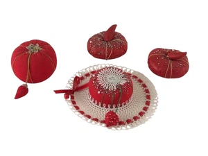 Sewing Red Pin Cushions Lot 4 Tomato Fabric Vintage with Emery Strawberries - Picture 1 of 5