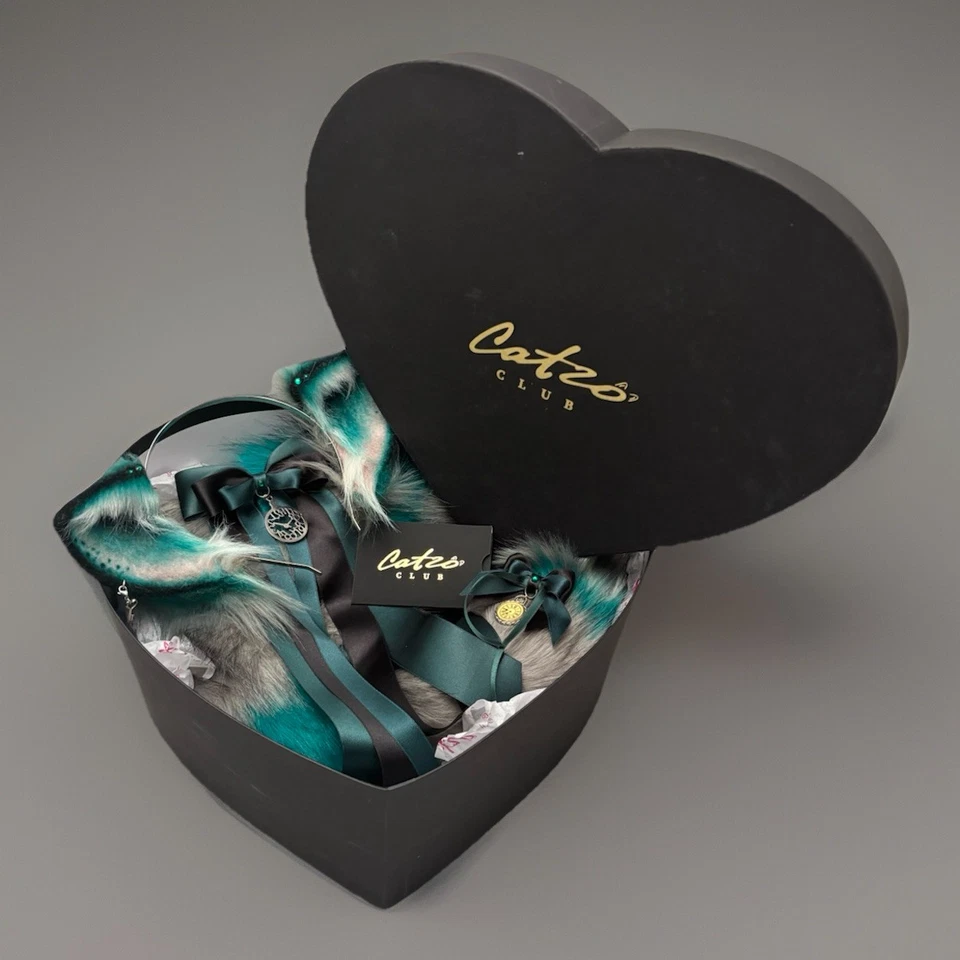 JUEGO GATO CHESHIRE CATZO CLUB GRIS Y VERDE AZULADO - JUEGO OREJAS Y COLA DE GATO PELUDO  Foto 1 de 4