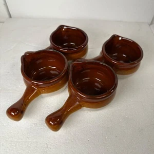 Set of 4 Vintage Small French Onion Soup Style Crocks Handled Bowls Brown Glazed - Picture 1 of 6
