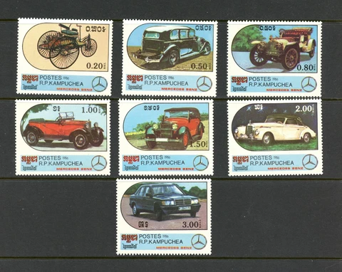 P063   Cambodia  1986   autos   Mercedes   7v.   MNH Cover