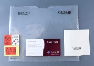 QATAR AIRWAYS VINTAGE AIRLINE PLASTIC FOLDER NAPKIN STICKERS FAST TRACK TICKET - Picture 1 of 3