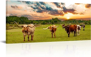 Texas Animal Canvas Wall Art Longhorn Canvas Pictures Highland Cattle in Sunset - Picture 1 of 9