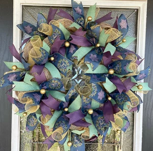 Blue Purple Gold Christmas Deco Mesh Door Wreath Home Decoration Holidady Decor - Picture 1 of 6