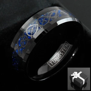 8mm Black Tungsten Celtic Dragon Blue Carbon Fiber Wedding Band Ring - Picture 1 of 7