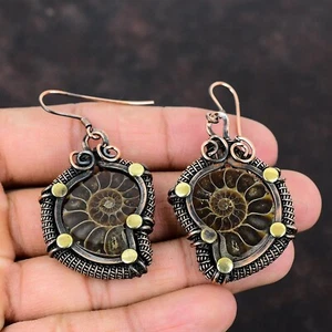 Women Day Sale Ammonite Fossil Copper Bestie Gift Wire Wrapped Earrings 2.36" - Picture 1 of 6