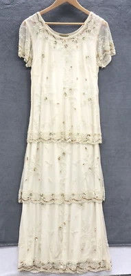 Midnight Velvet Formal Dress M Wedding Beaded Ivory Gold Layered Short Sleeves - Image 1 of 4