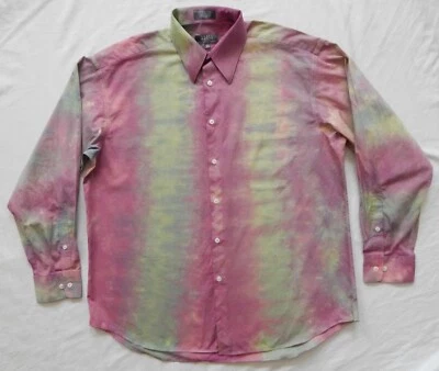Tie Dye Pink Purple Yellow Striped Long Sleeve Button Up Dress Shirt Large Mens - Image 1 of 4