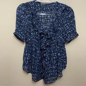 Zara Basic Damen Bluse Größe S Blau Blumen Rüschen Kurzarm V-Ausschnitt - Bild 1 von 7