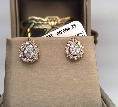 $3000- 1/2CT TW DIAMOND HALO CLUSTER TEARDROP Stud EARRINGS 10k Solid ROSE Gold - Image 1 of 4