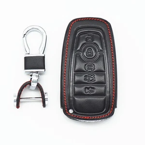 Black Leather Smart For 2017 2018 Ford Fusion 5 Buttons Key Fob Cover Case Chain - Picture 1 of 5