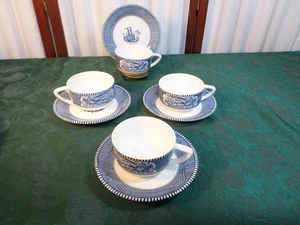 8-teiliges schönes Vintage Royal Currier & Ives blau Deko Tassen & Untertassen Set - Bild 1 von 12