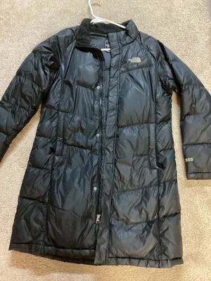 North Face Parka Coat GIRLS XL 18 550 Down Knee Length Long Puffer Coat Black - Image 1 of 4