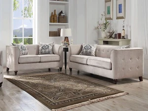 Modern Living Room Furniture - Tufted Tan Velvet Fabric Sofa Loveseat Set IGBO - Picture 1 of 4